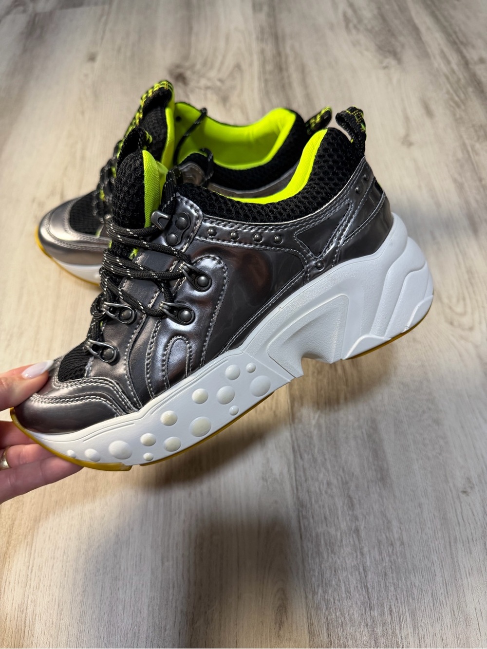 DKNY Metallic Gunmetal and Neon Yellow Platform Sneakers